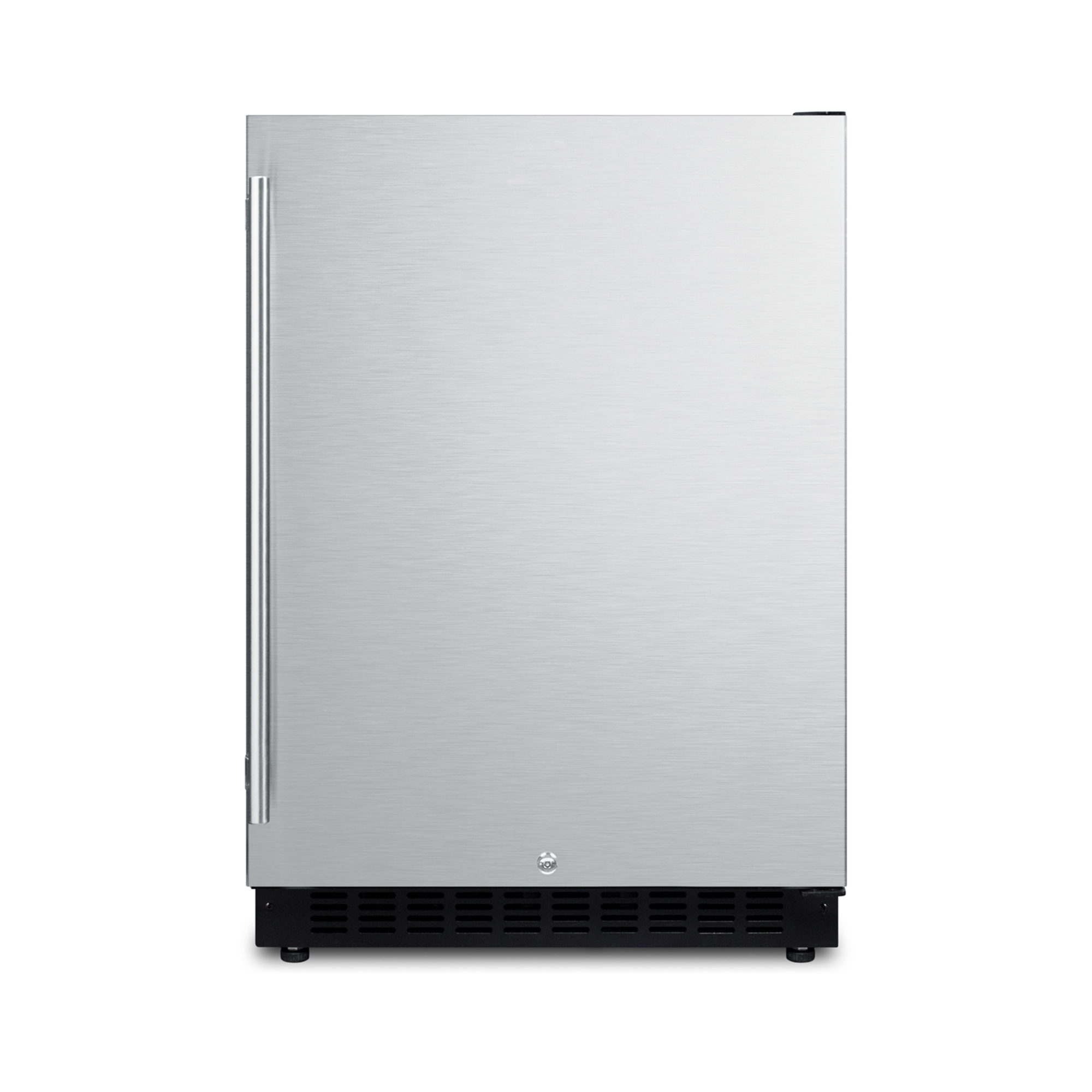 Built-in undercounter ADA compliant all-refrigerator with stainless steel door, black cabinet, door storage, lock, and digital controls